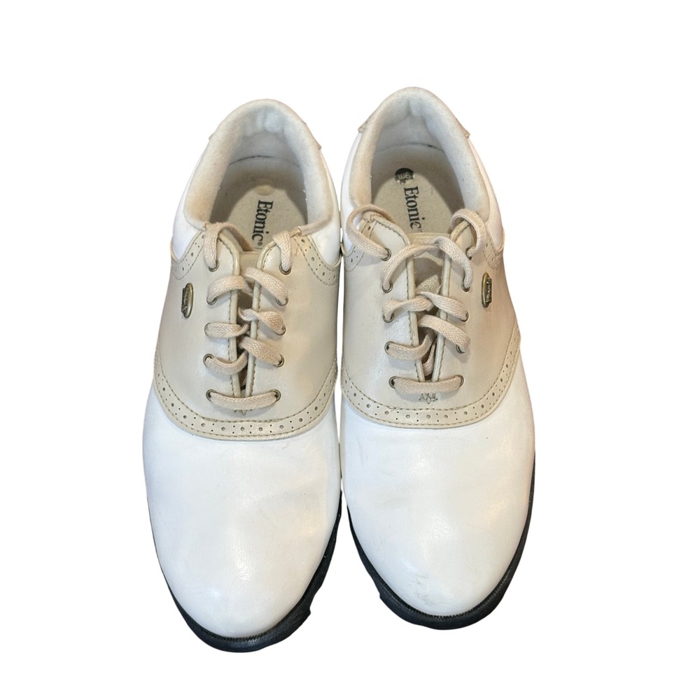 Etonic Womens Golf Shoes White Cream Leather Saddle Spiked Lace Up Size 9M